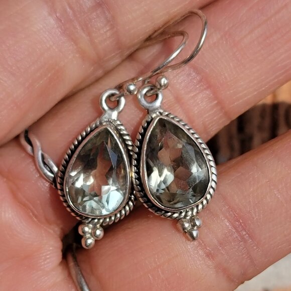 Prasiolite teardrop 925 sterling silver dangle earrings - Picture 9 of 16